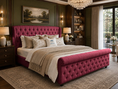 Marquis Wing Chesterfield Sleigh Upholstered Bed Set with Floor Standing Headboard, Footboard & Storage Upgrade Option
