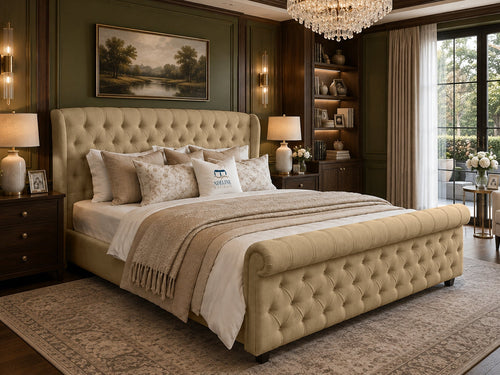 Marquis Wing Chesterfield Sleigh Upholstered Bed Set with Floor Standing Headboard, Footboard & Storage Upgrade Option