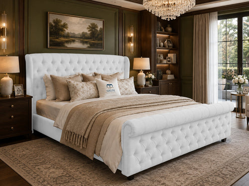 Marquis Wing Chesterfield Sleigh Upholstered Bed Set with Floor Standing Headboard, Footboard & Storage Upgrade Option