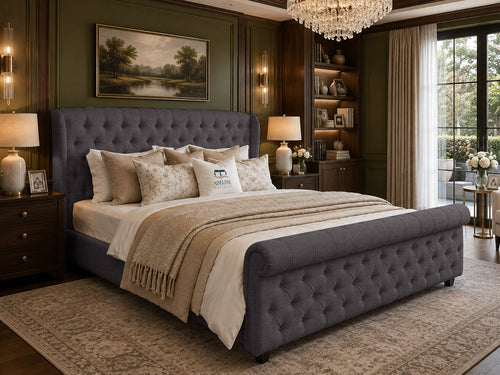 Marquis Wing Chesterfield Sleigh Upholstered Bed Set with Floor Standing Headboard, Footboard & Storage Upgrade Option