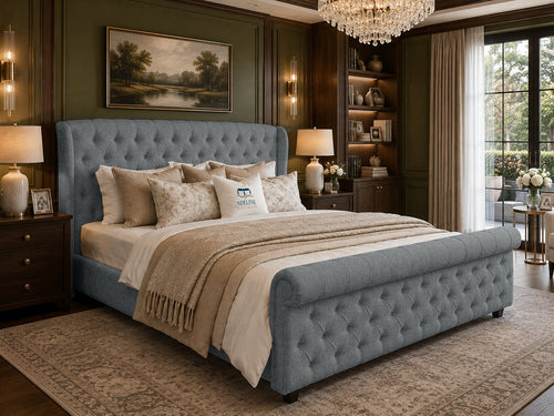 Marquis Wing Chesterfield Sleigh Upholstered Bed Set with Floor Standing Headboard, Footboard & Storage Upgrade Option