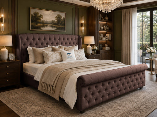 Marquis Wing Chesterfield Sleigh Upholstered Bed Set with Floor Standing Headboard, Footboard & Storage Upgrade Option