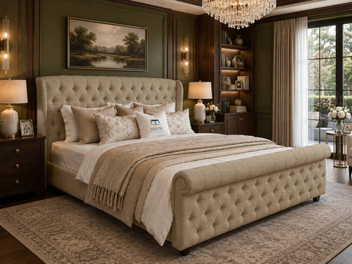 Marquis Wing Chesterfield Sleigh Upholstered Bed Set with Floor Standing Headboard, Footboard & Storage Upgrade Option
