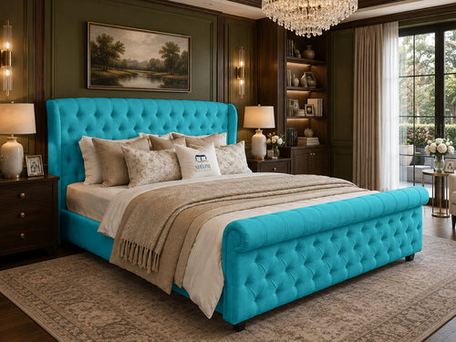 Marquis Wing Chesterfield Sleigh Upholstered Bed Set with Floor Standing Headboard, Footboard & Storage Upgrade Option
