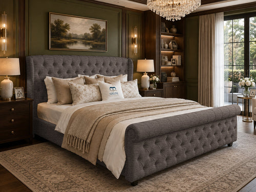 Marquis Wing Chesterfield Sleigh Upholstered Bed Set with Floor Standing Headboard, Footboard & Storage Upgrade Option