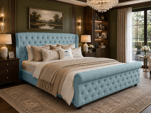 Marquis Wing Chesterfield Sleigh Upholstered Bed Set with Floor Standing Headboard, Footboard & Storage Upgrade Option