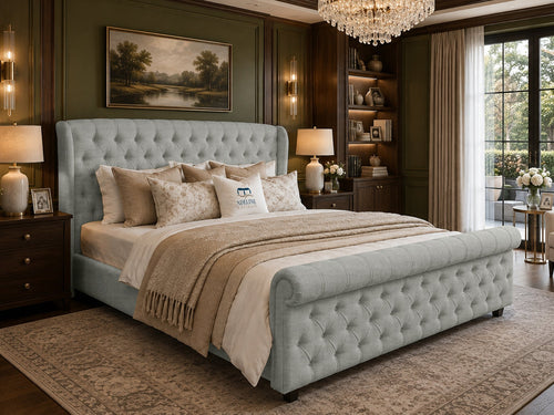 Marquis Wing Chesterfield Sleigh Upholstered Bed Set with Floor Standing Headboard, Footboard & Storage Upgrade Option