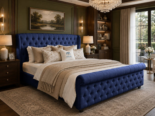 Marquis Wing Chesterfield Sleigh Upholstered Bed Set with Floor Standing Headboard, Footboard & Storage Upgrade Option