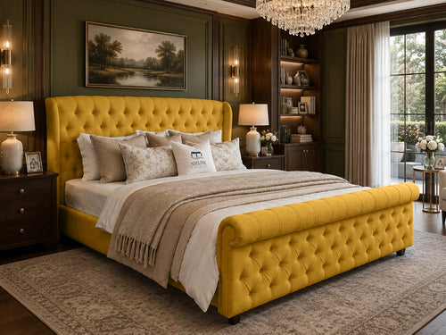 Marquis Wing Chesterfield Sleigh Upholstered Bed Set with Floor Standing Headboard, Footboard & Storage Upgrade Option