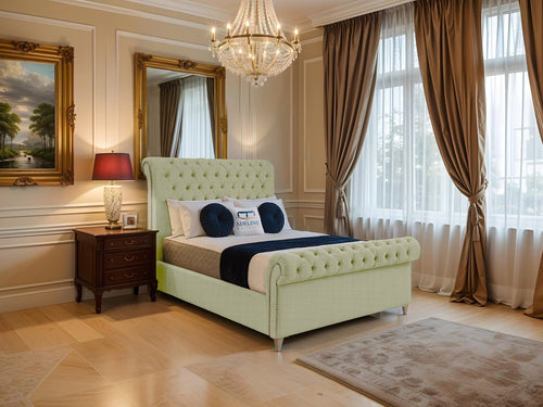 Mayfair Button-Tufted Upholstered Sleigh Bed Set with Floor Standing Headboard, Footboard & Storage Upgrade Option