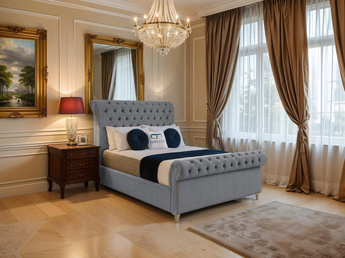 Mayfair Button-Tufted Upholstered Sleigh Bed Set with Floor Standing Headboard, Footboard & Storage Upgrade Option