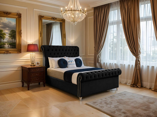 Mayfair Button-Tufted Upholstered Sleigh Bed Set with Floor Standing Headboard, Footboard & Storage Upgrade Option