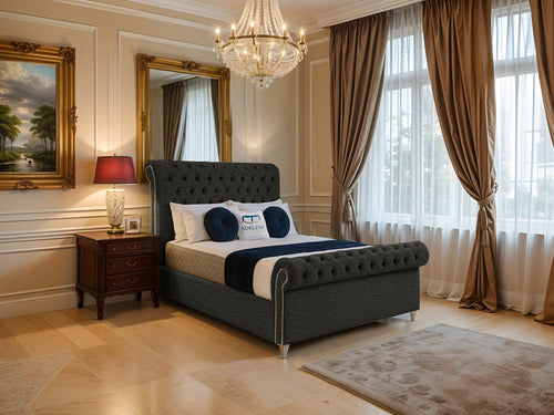 Mayfair Button-Tufted Upholstered Sleigh Bed Set with Floor Standing Headboard, Footboard & Storage Upgrade Option