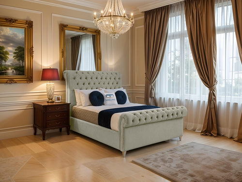 Mayfair Button-Tufted Upholstered Sleigh Bed Set with Floor Standing Headboard, Footboard & Storage Upgrade Option