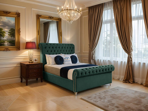 Mayfair Button-Tufted Upholstered Sleigh Bed Set with Floor Standing Headboard, Footboard & Storage Upgrade Option