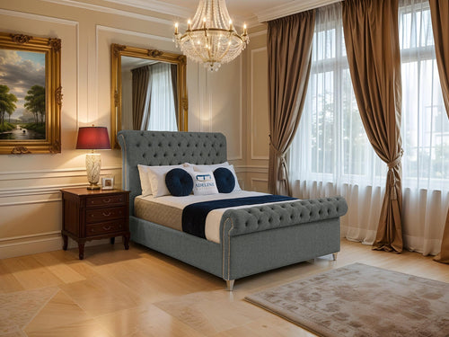 Mayfair Button-Tufted Upholstered Sleigh Bed Set with Floor Standing Headboard, Footboard & Storage Upgrade Option