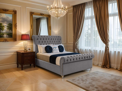 Mayfair Button-Tufted Upholstered Sleigh Bed Set with Floor Standing Headboard, Footboard & Storage Upgrade Option