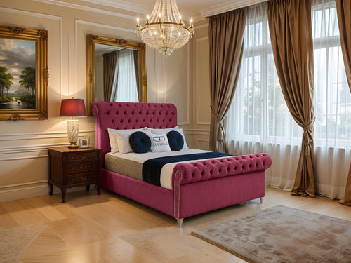 Mayfair Button-Tufted Upholstered Sleigh Bed Set with Floor Standing Headboard, Footboard & Storage Upgrade Option