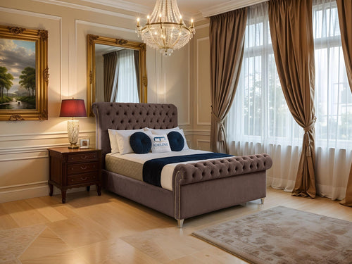 Mayfair Button-Tufted Upholstered Sleigh Bed Set with Floor Standing Headboard, Footboard & Storage Upgrade Option