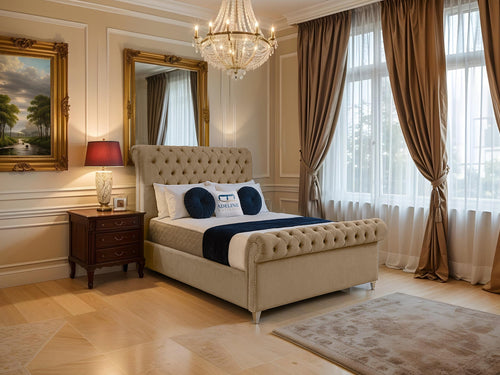 Mayfair Button-Tufted Upholstered Sleigh Bed Set with Floor Standing Headboard, Footboard & Storage Upgrade Option