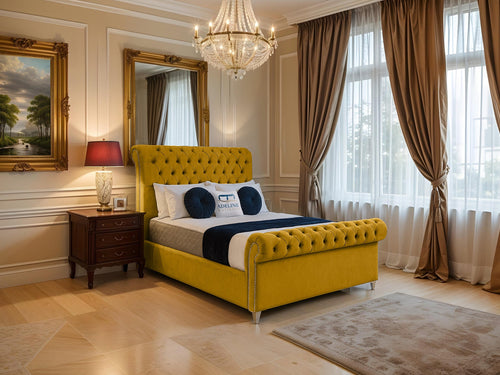 Mayfair Button-Tufted Upholstered Sleigh Bed Set with Floor Standing Headboard, Footboard & Storage Upgrade Option