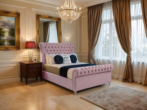 Mayfair Button-Tufted Upholstered Sleigh Bed Set with Floor Standing Headboard, Footboard & Storage Upgrade Option