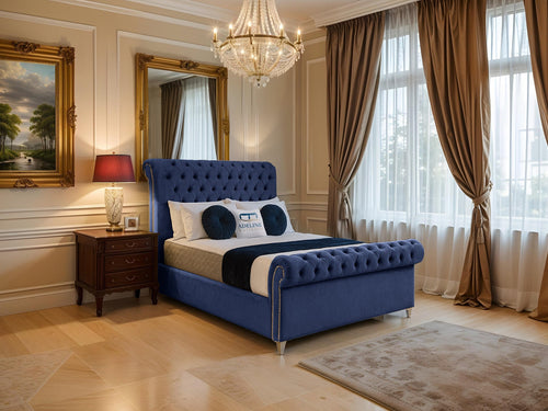 Mayfair Button-Tufted Upholstered Sleigh Bed Set with Floor Standing Headboard, Footboard & Storage Upgrade Option