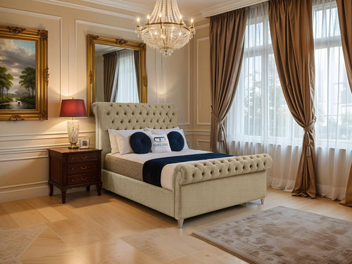 Mayfair Button-Tufted Upholstered Sleigh Bed Set with Floor Standing Headboard, Footboard & Storage Upgrade Option