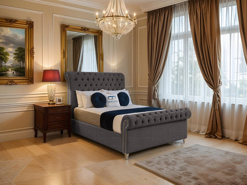 Mayfair Button-Tufted Upholstered Sleigh Bed Set with Floor Standing Headboard, Footboard & Storage Upgrade Option