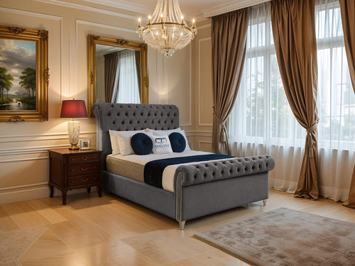 Mayfair Button-Tufted Upholstered Sleigh Bed Set with Floor Standing Headboard, Footboard & Storage Upgrade Option