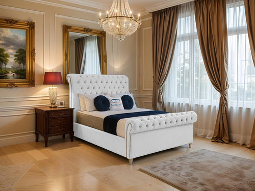 Mayfair Button-Tufted Upholstered Sleigh Bed Set with Floor Standing Headboard, Footboard & Storage Upgrade Option