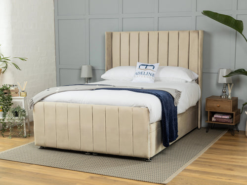 Mayfield Vertical Channel Ottoman End Lift Storage Bed Set with Floor Standing Headboard & Footboard