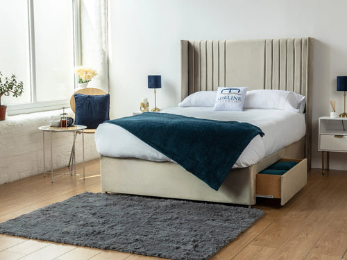 Melbourne Vertical Channel Wingback Divan Bed Set with Storage Drawers, Floor Standing Headboard & Footboard