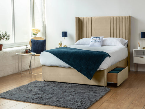 Melbourne Vertical Channel Wingback Divan Bed Set with Storage Drawers, Floor Standing Headboard & Footboard