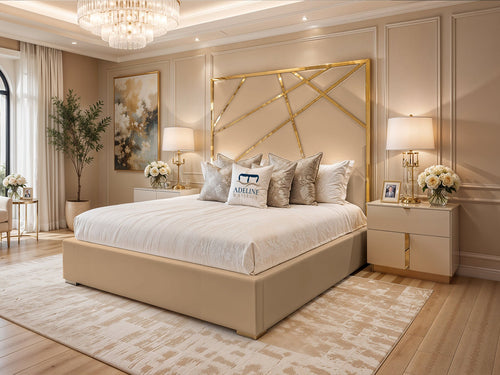Monaco Luxe Gold Geometric Panel Upholstered Bed Set with Floor Standing Headboard, Footboard & Storage Upgrade Option