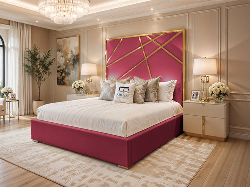 Monaco Luxe Gold Geometric Panel Upholstered Bed Set with Floor Standing Headboard, Footboard & Storage Upgrade Option