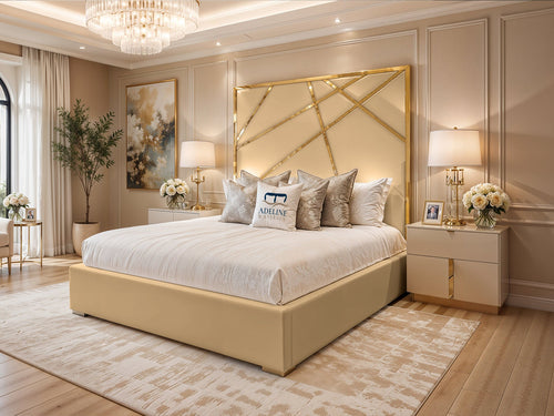 Monaco Luxe Gold Geometric Panel Upholstered Bed Set with Floor Standing Headboard, Footboard & Storage Upgrade Option