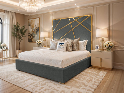 Monaco Luxe Gold Geometric Panel Upholstered Bed Set with Floor Standing Headboard, Footboard & Storage Upgrade Option