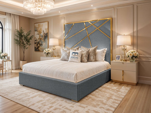 Monaco Luxe Gold Geometric Panel Upholstered Bed Set with Floor Standing Headboard, Footboard & Storage Upgrade Option