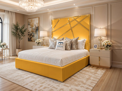 Monaco Luxe Gold Geometric Panel Upholstered Bed Set with Floor Standing Headboard, Footboard & Storage Upgrade Option