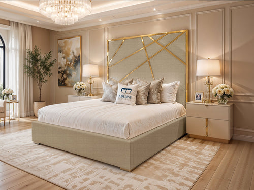 Monaco Luxe Gold Geometric Panel Upholstered Bed Set with Floor Standing Headboard, Footboard & Storage Upgrade Option