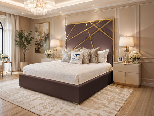 Monaco Luxe Gold Geometric Panel Upholstered Bed Set with Floor Standing Headboard, Footboard & Storage Upgrade Option