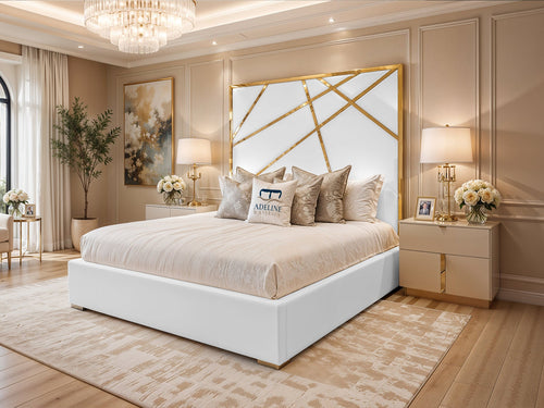 Monaco Luxe Gold Geometric Panel Upholstered Bed Set with Floor Standing Headboard, Footboard & Storage Upgrade Option