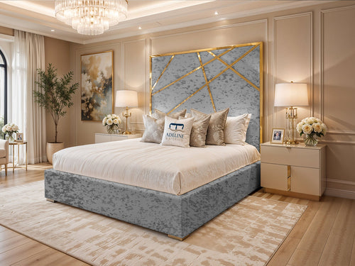 Monaco Luxe Gold Geometric Panel Upholstered Bed Set with Floor Standing Headboard, Footboard & Storage Upgrade Option
