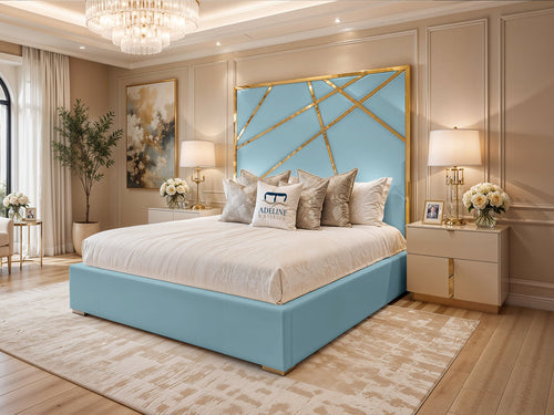 Monaco Luxe Gold Geometric Panel Upholstered Bed Set with Floor Standing Headboard, Footboard & Storage Upgrade Option