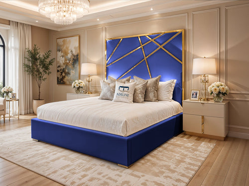 Monaco Luxe Gold Geometric Panel Upholstered Bed Set with Floor Standing Headboard, Footboard & Storage Upgrade Option