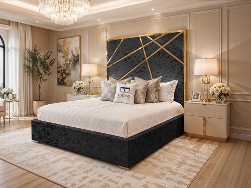 Monaco Luxe Gold Geometric Panel Upholstered Bed Set with Floor Standing Headboard, Footboard & Storage Upgrade Option