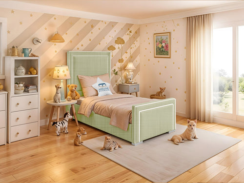 Oliver Bordered Panel Kids Upholstered Bed Set with Floor Standing Headboard & Footboard