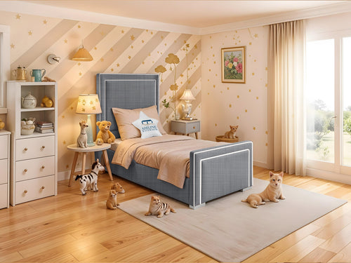 Oliver Bordered Panel Kids Upholstered Bed Set with Floor Standing Headboard & Footboard