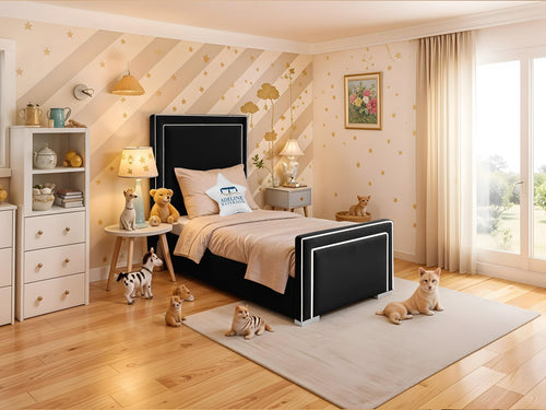 Oliver Bordered Panel Kids Upholstered Bed Set with Floor Standing Headboard & Footboard